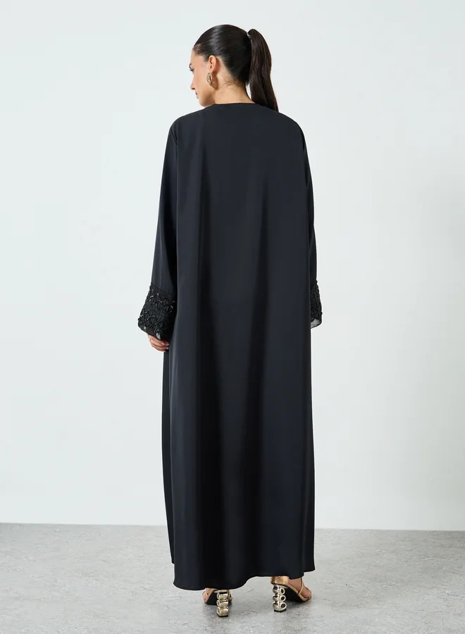 Amirah  Black Embroidered Mesh Sleeve Cuff Open Front Abaya for Women | Best Price UAE