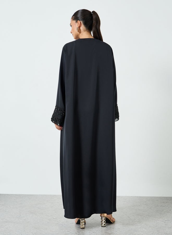 Amirah Black Embroidered Mesh Sleeve Cuff Open Front Abaya - Image 5