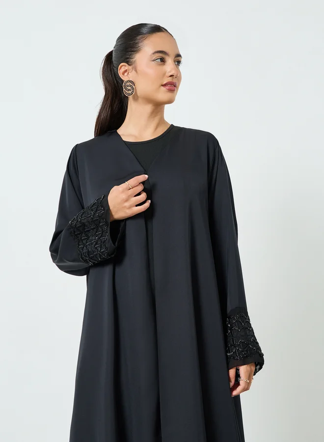 Amirah Black Embroidered Mesh Sleeve Cuff Open Front Abaya