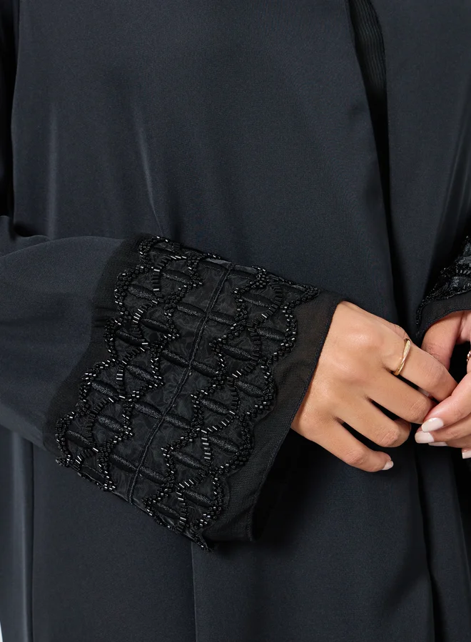 Amirah  Black Embroidered Mesh Sleeve Cuff Open Front Abaya for Women | Best Price UAE