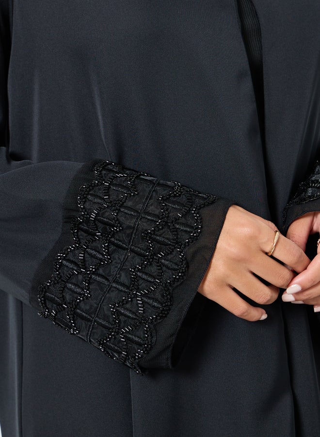 Amirah Black Embroidered Mesh Sleeve Cuff Open Front Abaya - Image 4