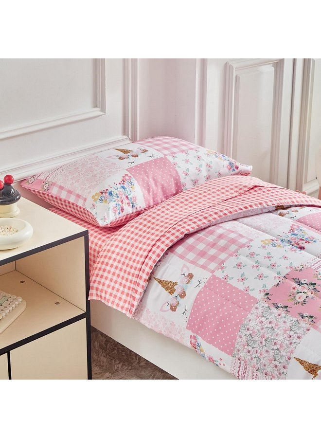 Joyreap Joyreap 4 Piece Toddler Bedding Set for Girls- Pink Butterflies n Flowers Patchwork Toddler Comforter Set, Includes Quilted Comforter, Fitted Sheet, Top Sheet, and Pillow Case - Image 5