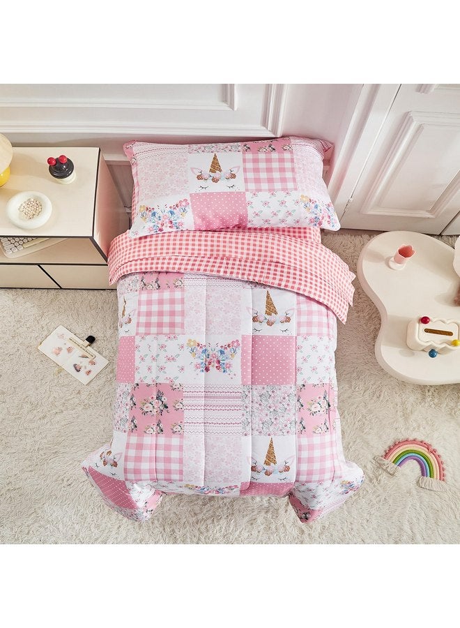 Joyreap Joyreap 4 Piece Toddler Bedding Set for Girls- Pink Butterflies n Flowers Patchwork Toddler Comforter Set, Includes Quilted Comforter, Fitted Sheet, Top Sheet, and Pillow Case - Image 1