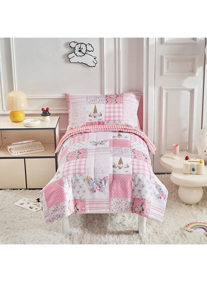 Joyreap Joyreap 4 Piece Toddler Bedding Set for Girls- Pink Butterflies n Flowers Patchwork Toddler Comforter Set, Includes Quilted Comforter, Fitted Sheet, Top Sheet, and Pillow Case - Image 2
