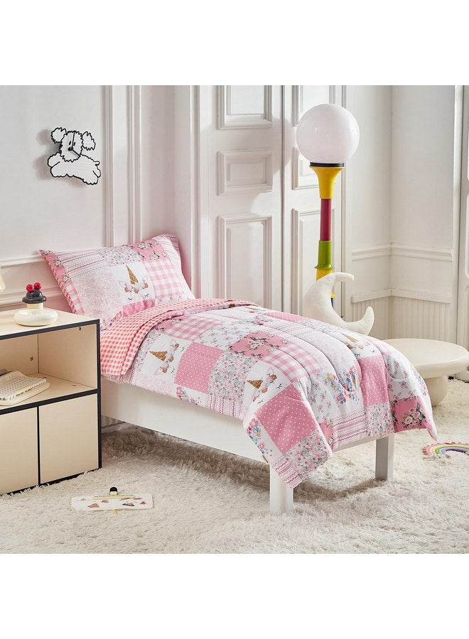 Joyreap Joyreap 4 Piece Toddler Bedding Set for Girls- Pink Butterflies n Flowers Patchwork Toddler Comforter Set, Includes Quilted Comforter, Fitted Sheet, Top Sheet, and Pillow Case - Image 3