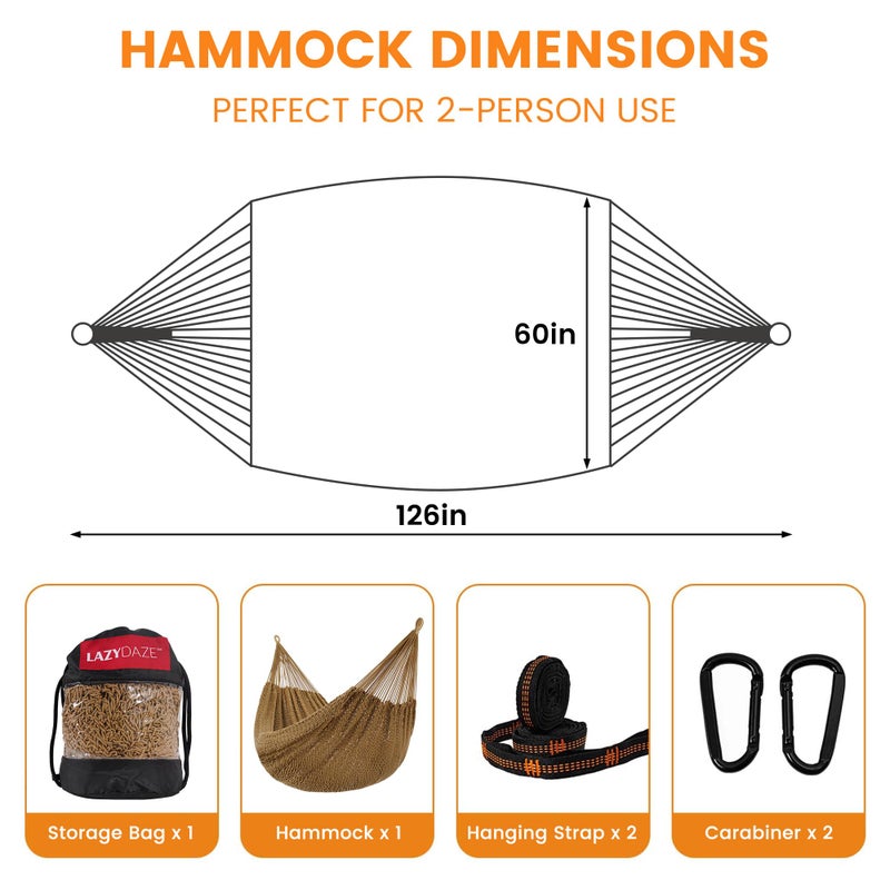Lazy Daze Hammocks Handwoven Mayan Hammock, 10.5 FT Soft Rope Double Hammocks, Portable Outdoor Hammock with Carry Bag, 2 Straps & Carabiners for Patio Outside, 550 lbs Weight Capacity, Tan - Image 3