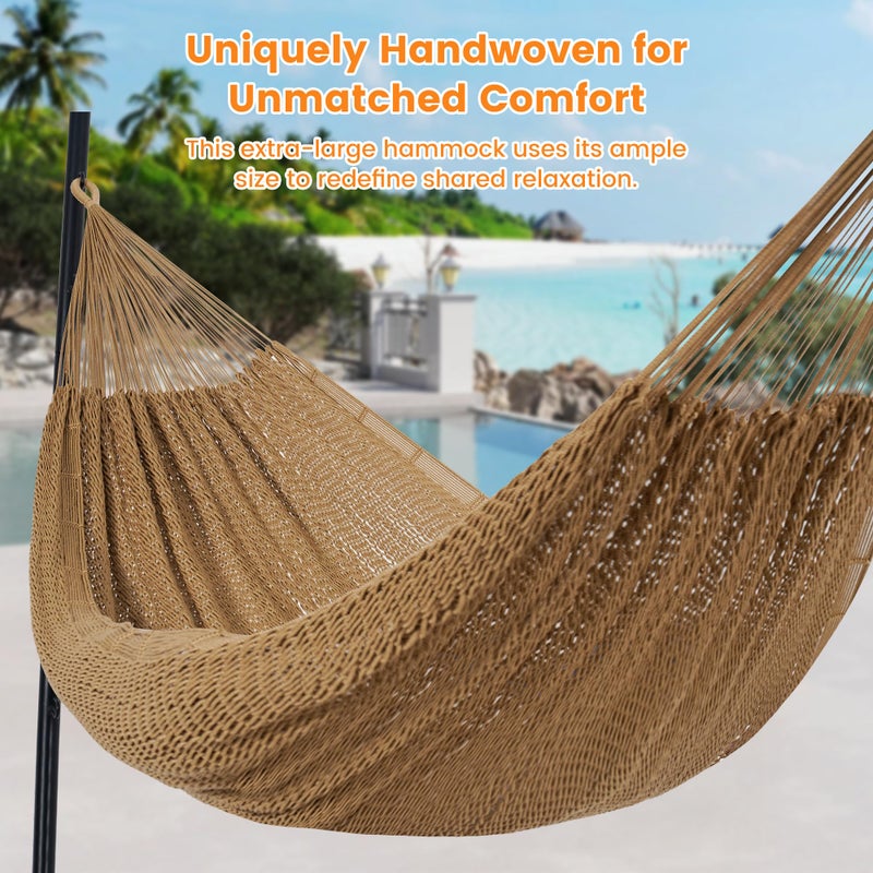 Lazy Daze Hammocks Handwoven Mayan Hammock, 10.5 FT Soft Rope Double Hammocks, Portable Outdoor Hammock with Carry Bag, 2 Straps & Carabiners for Patio Outside, 550 lbs Weight Capacity, Tan - Image 2