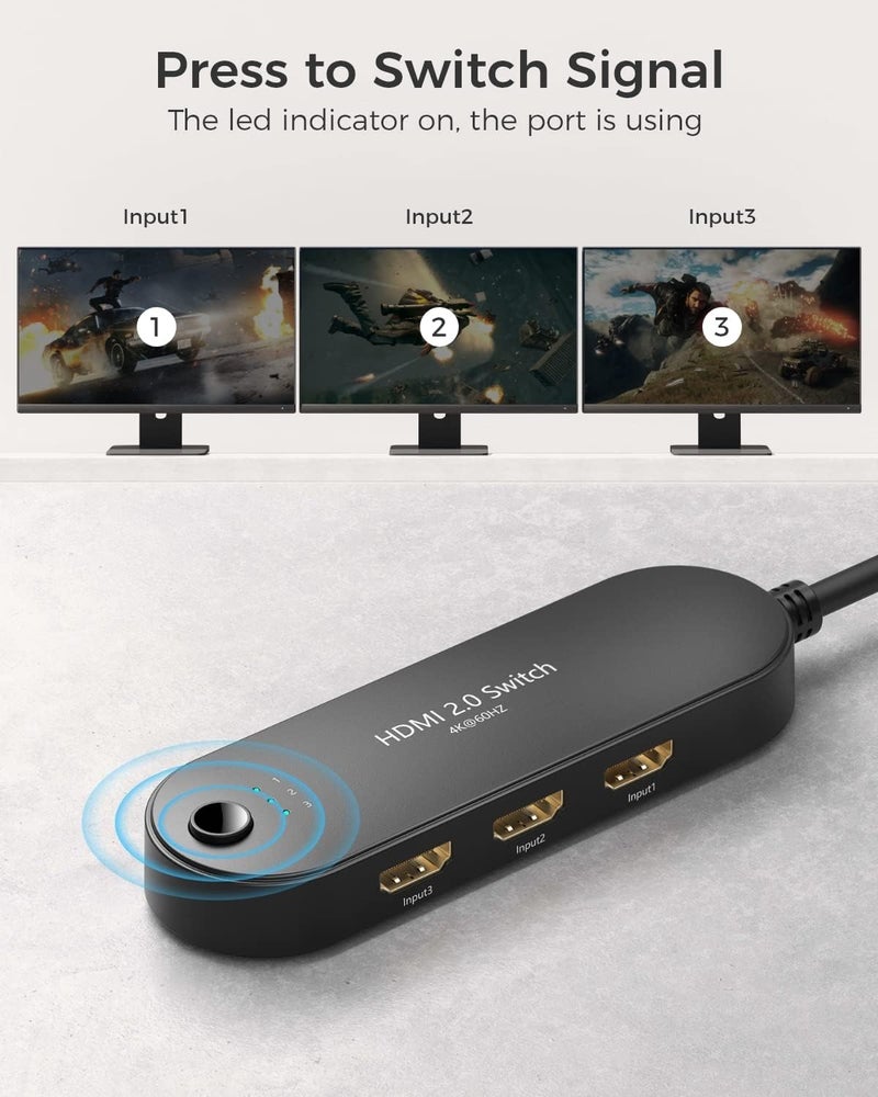 Vilcome HDMI Switch 4K@60Hz, 4K HDMI Splitter 3 in 1 Out, 3 Port Hdmi Switcher Box Supports UHD 3D HDR, Multi Port HDMI Hub Selector for Xbox PS3 4 5 TV Gaming Roku HDTV Fire Stick - Image 4