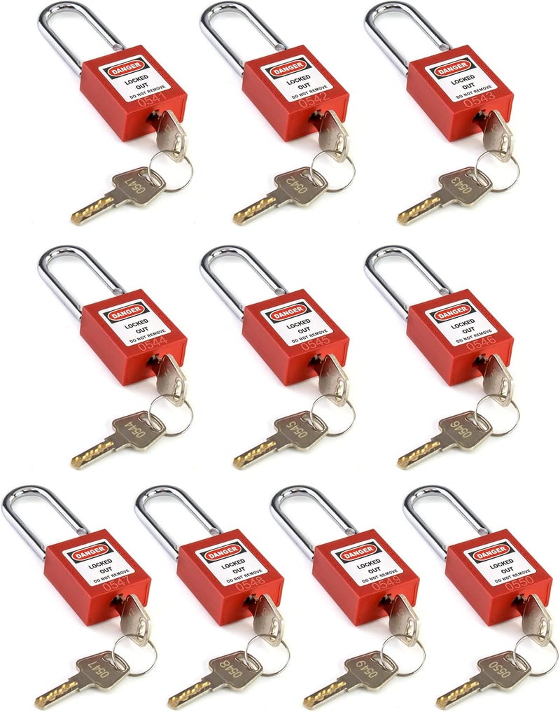 QWORK Red Lockout Tagout Safety Padlock, 10 Padlocks with 20 Keys, Keyed Different - Image 2