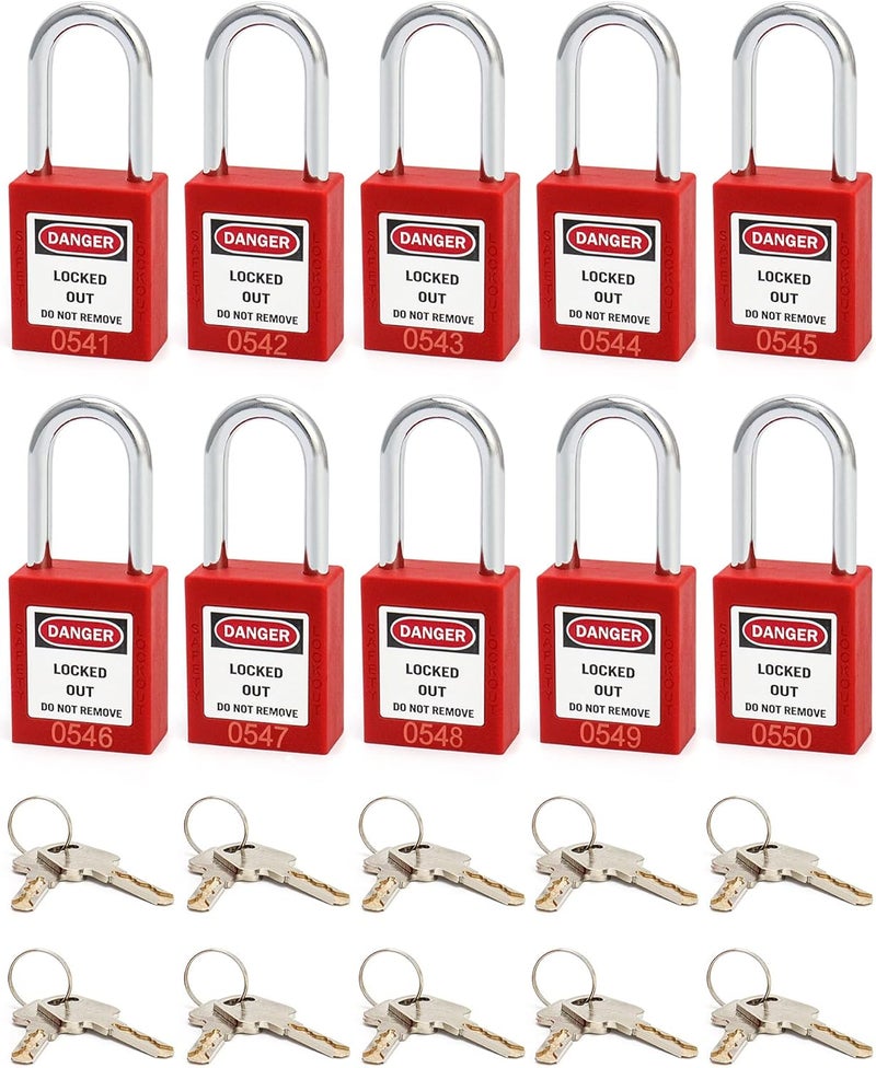 QWORK Red Lockout Tagout Safety Padlock, 10 Padlocks with 20 Keys, Keyed Different - Image 1