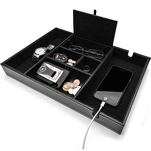 ULTRAY, Valet Tray for Men, Nightstand Organizer, Entry Table Organizer, Catch All, Black Faux Leather Box, 6 Compartments - Image 1