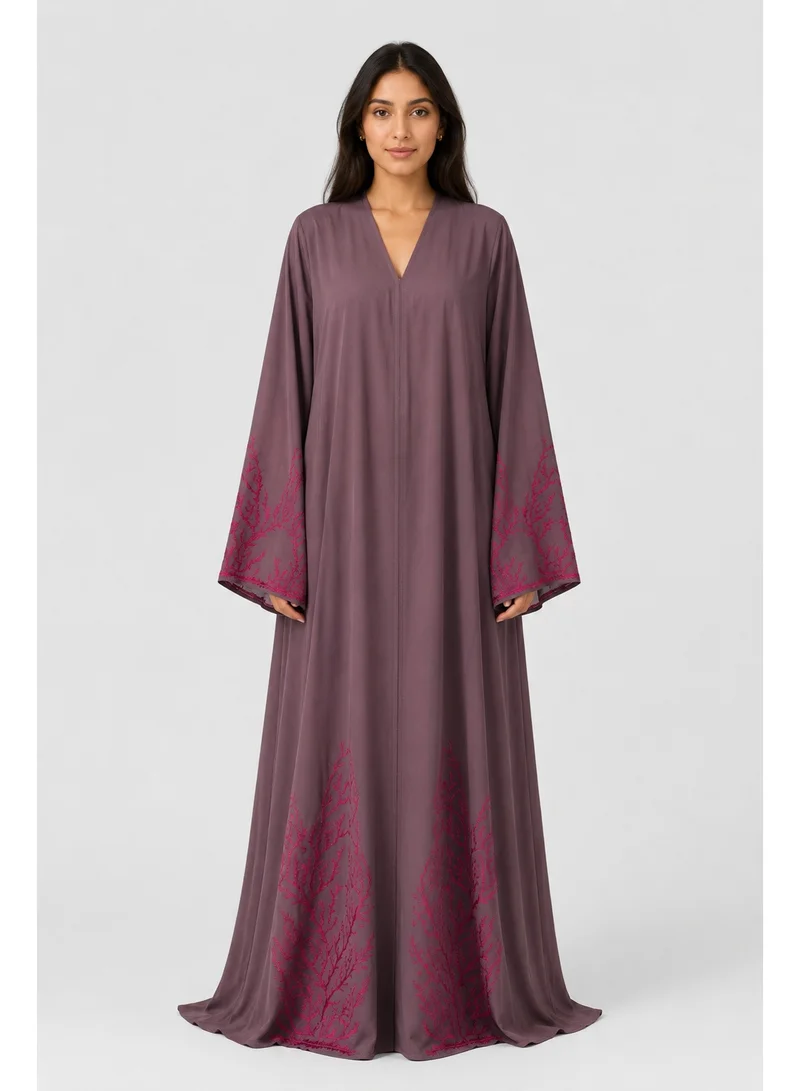 Reem Abayas Women's Burgundy Embroidered Abaya with Matching Sheila