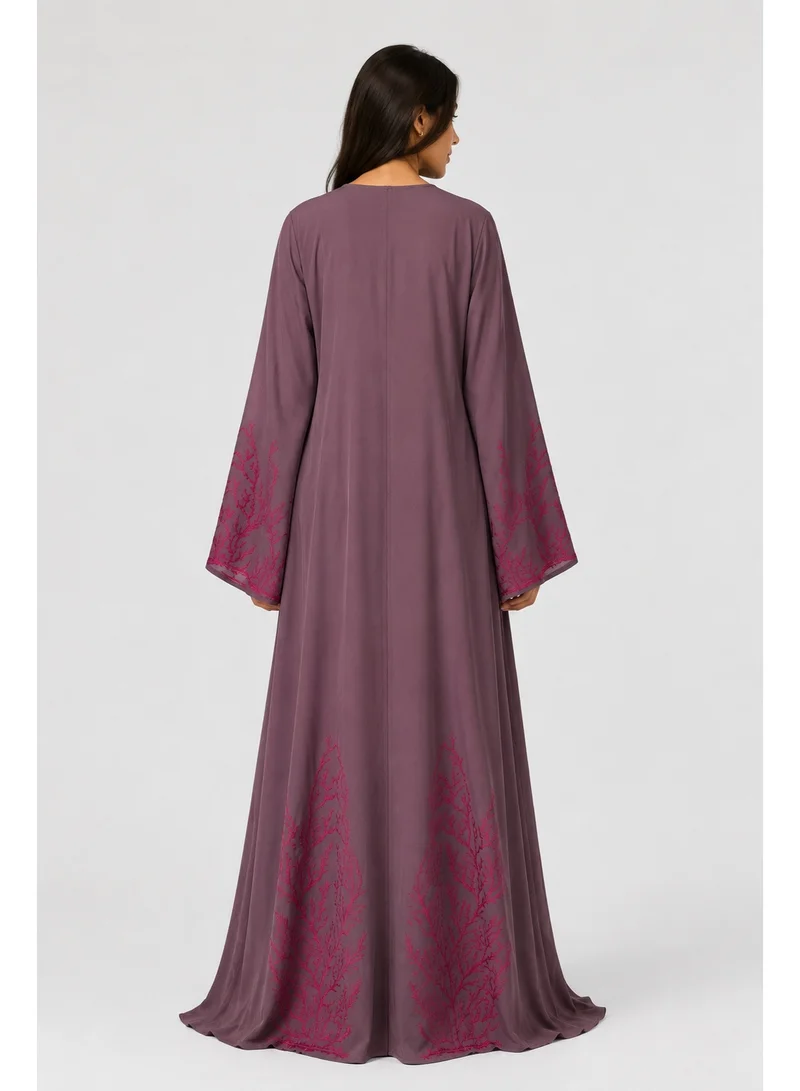 Reem Abayas Women's Burgundy Embroidered Abaya with Matching Sheila
