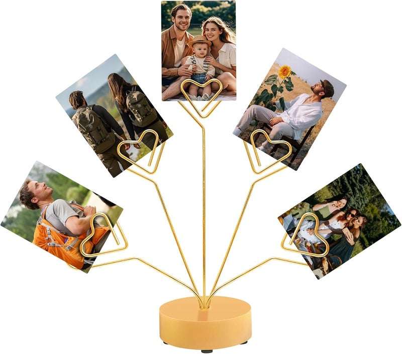 FaitAtten Desktop Heart-Shaped Photo Tree Style Holders Round Base,5-Branch Family Picture Frame Clips Holder Desk Card Display Stand for Christmas,Wedding, Birthday Party,Gift (Golden) - Image 1