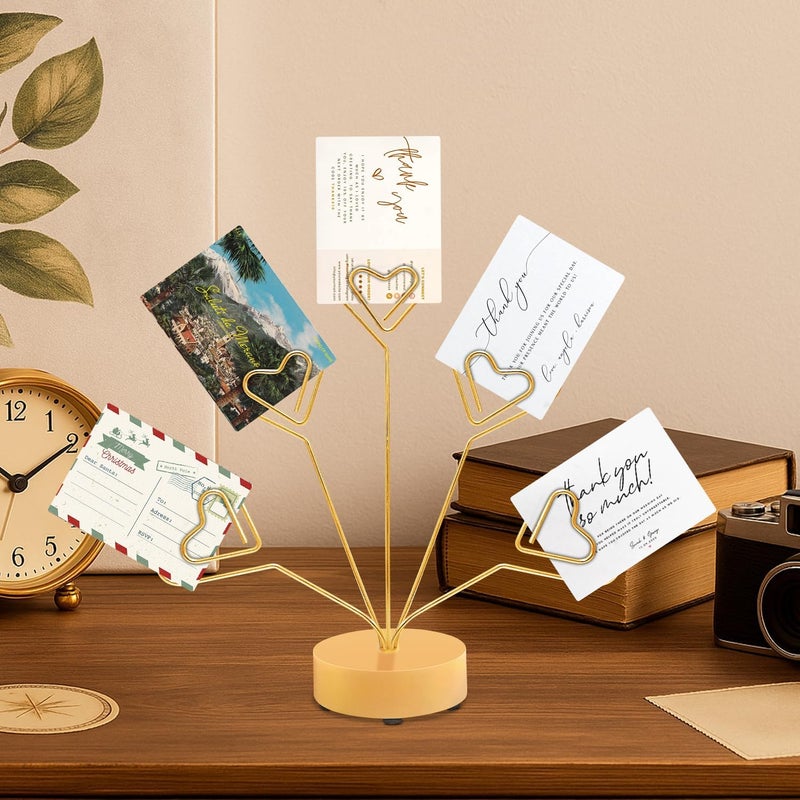 FaitAtten Desktop Heart-Shaped Photo Tree Style Holders Round Base,5-Branch Family Picture Frame Clips Holder Desk Card Display Stand for Christmas,Wedding, Birthday Party,Gift (Golden) - Image 5