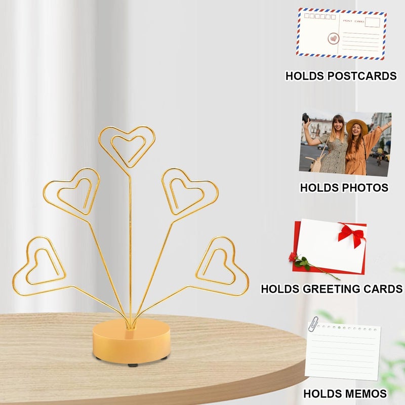 FaitAtten Desktop Heart-Shaped Photo Tree Style Holders Round Base,5-Branch Family Picture Frame Clips Holder Desk Card Display Stand for Christmas,Wedding, Birthday Party,Gift (Golden) - Image 2