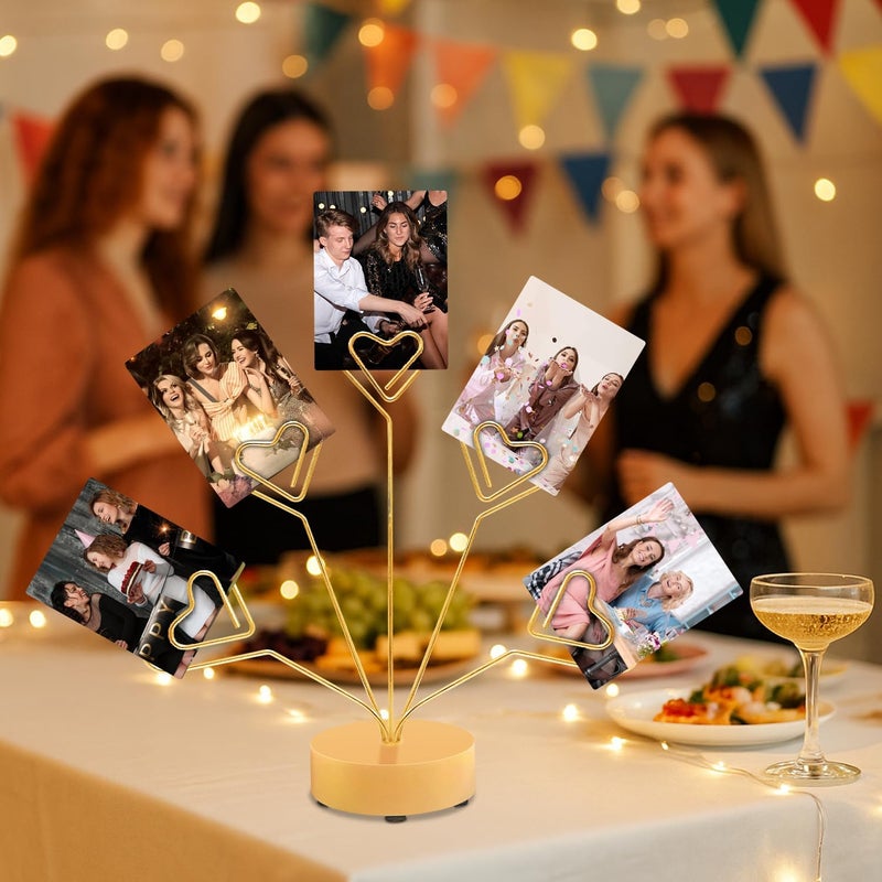 FaitAtten Desktop Heart-Shaped Photo Tree Style Holders Round Base,5-Branch Family Picture Frame Clips Holder Desk Card Display Stand for Christmas,Wedding, Birthday Party,Gift (Golden) - Image 3