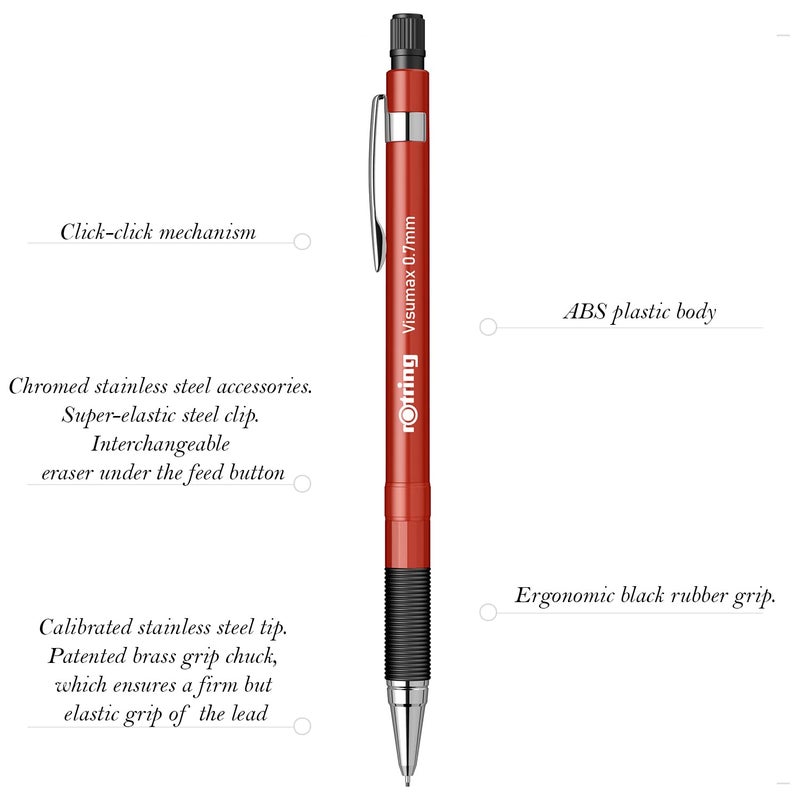 Rotring Rotring Visumax 0.7mm Mechanical Lead Pencil Lightweight ABS Plastic Red Body Eraser Included at Top  - Image 2