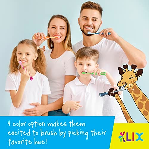 55Dental Kids Toothbrush Set of Soft Giraffe Toothbrush for Kids 3-12. Easy-Grip, Bristle Cover, Self-Standing & Splited Bottom for Cup Rim. by Lix, 4 Colors - Image 5