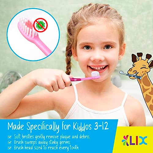 55Dental Kids Toothbrush Set of Soft Giraffe Toothbrush for Kids 3-12. Easy-Grip, Bristle Cover, Self-Standing & Splited Bottom for Cup Rim. by Lix, 4 Colors - Image 3