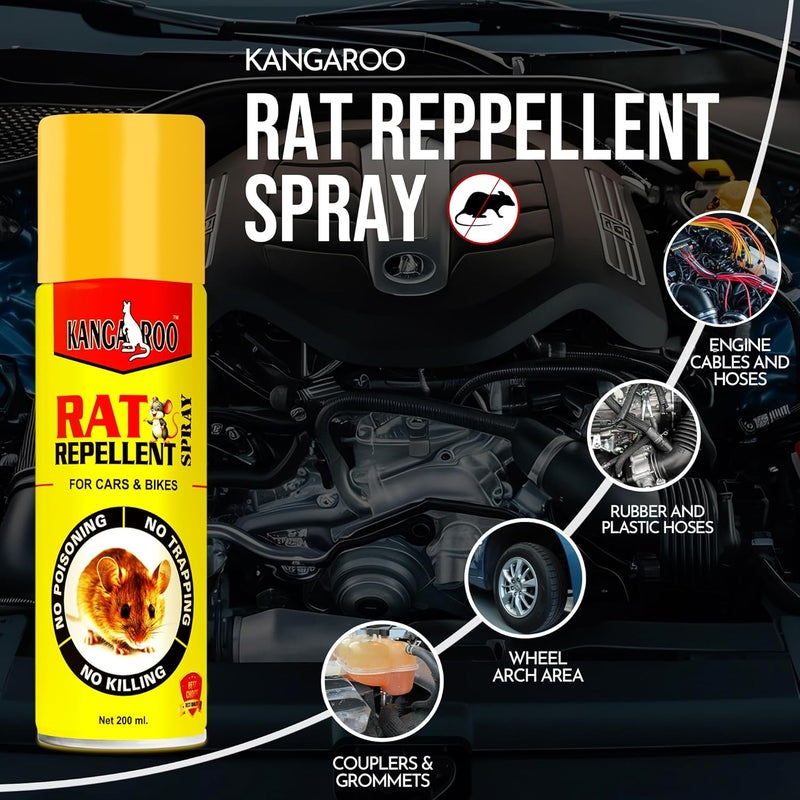 Kangaroo® Rat Repellent Spray for Car, Bike & Engine Wires - 200 ml | 2X Advanced Protection | Non-Toxic, No Kill | Camphor Fragrance | Long-Lasting, 60-Day Protection - Image 2