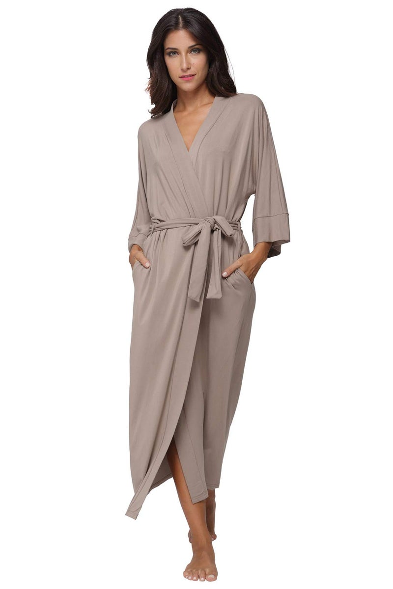 MissNina Women's Full Length Kimono Robes Modal Knit Long Bathrobes Soft Dressing Gown Loungewear,Khaki - Image 1