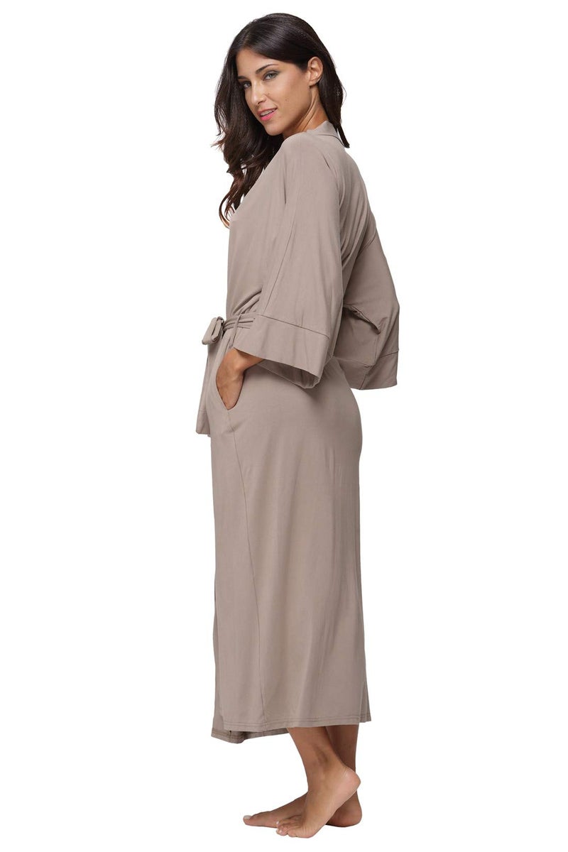 MissNina Women's Full Length Kimono Robes Modal Knit Long Bathrobes Soft Dressing Gown Loungewear,Khaki - Image 3