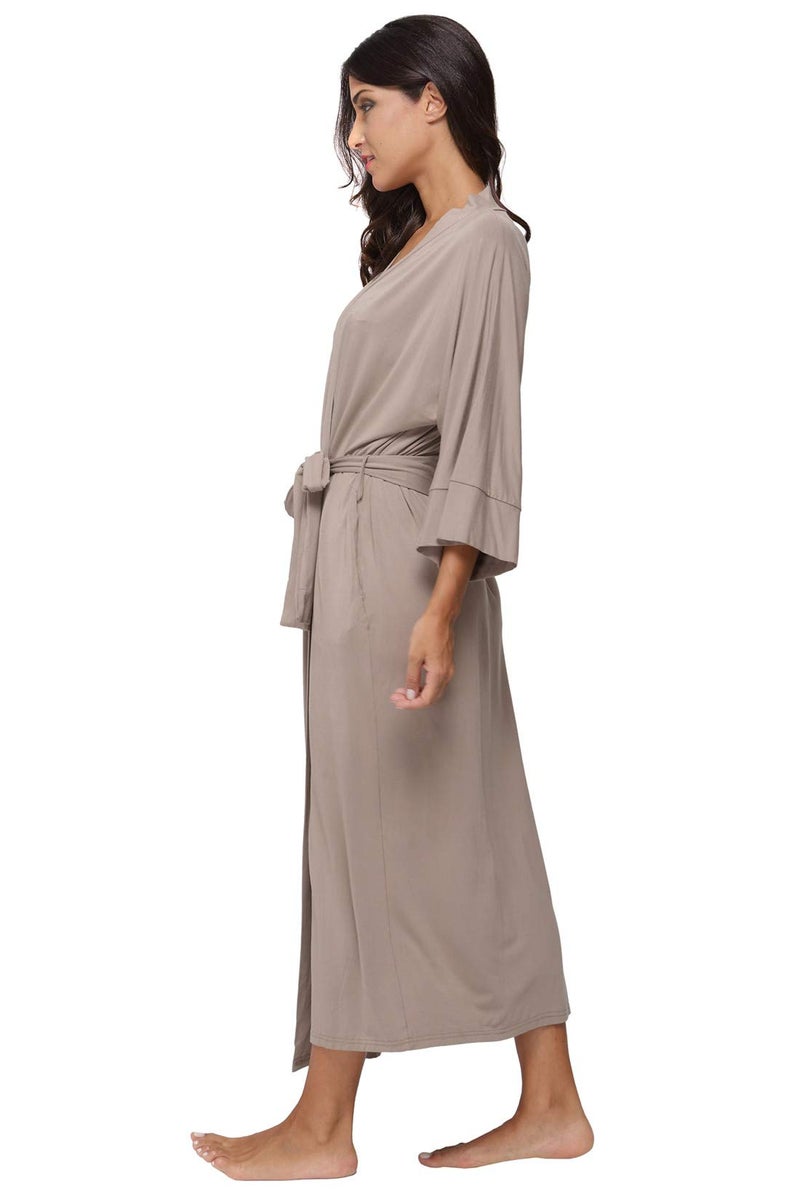 MissNina Women's Full Length Kimono Robes Modal Knit Long Bathrobes Soft Dressing Gown Loungewear,Khaki - Image 4