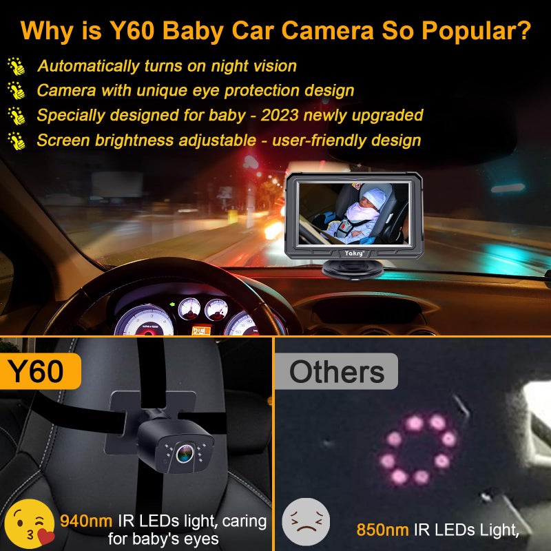 Yakry Baby Car Camera for Backseat - HD 1080P, 170Â° Wide Angle, Night Vision, 360Â° Rotation, Safe for Babies, Easy Install, Rear-Facing Baby Car Mirror for Parents Y60 - Image 3