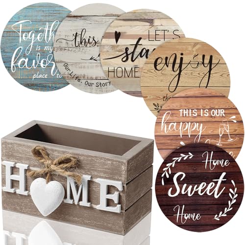 Queekay Housewarming Gifts for Home Decoration Wooden Heart Coasters for Drinks 6 Set Farmhouse Coasters with Holder Funny for Family Coffee Table Protection, 4''(Farmhouse Color) - Image 1