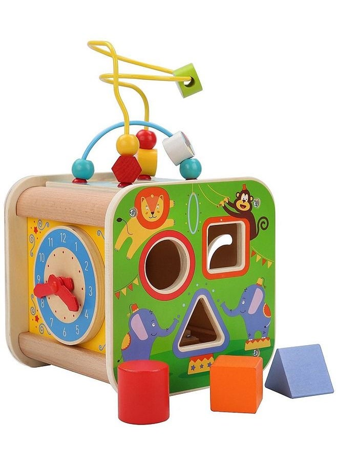 BAYBEE 5 in 1 Wooden Activity Cube for kids Beads and Maze Toys with Shape Color Sorter Clock for Toddlers Educational Montessori Learning Preschool Activity Cube Toys for Boys, Girls 1+Years  - Image 1