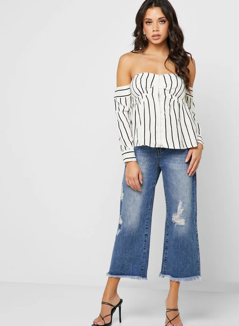 LOST INK Striped Bardot Top