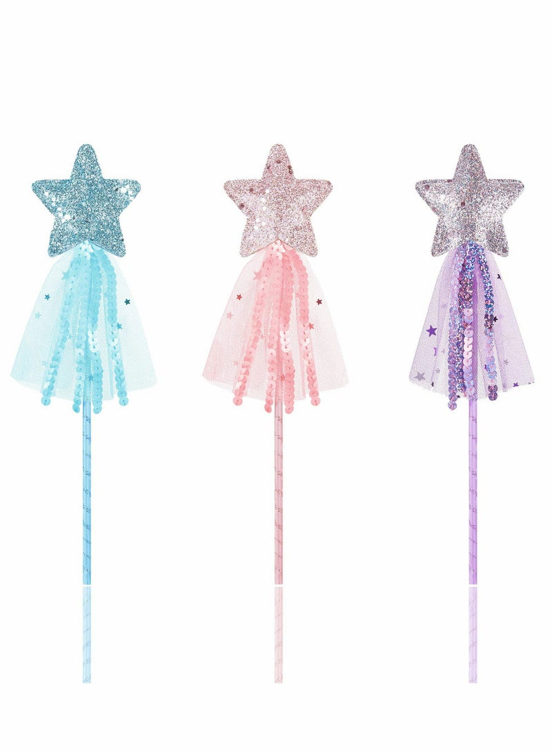 SOLARAE Glitter Star Wands 11 Inches Princess Fairy Star Magic Wands Girls Fairy Magic Dress-up Star Wand Fairy Costume Props Wands Sticks for Birthday Halloween Pink, Purple and Blue, 3 - Image 1