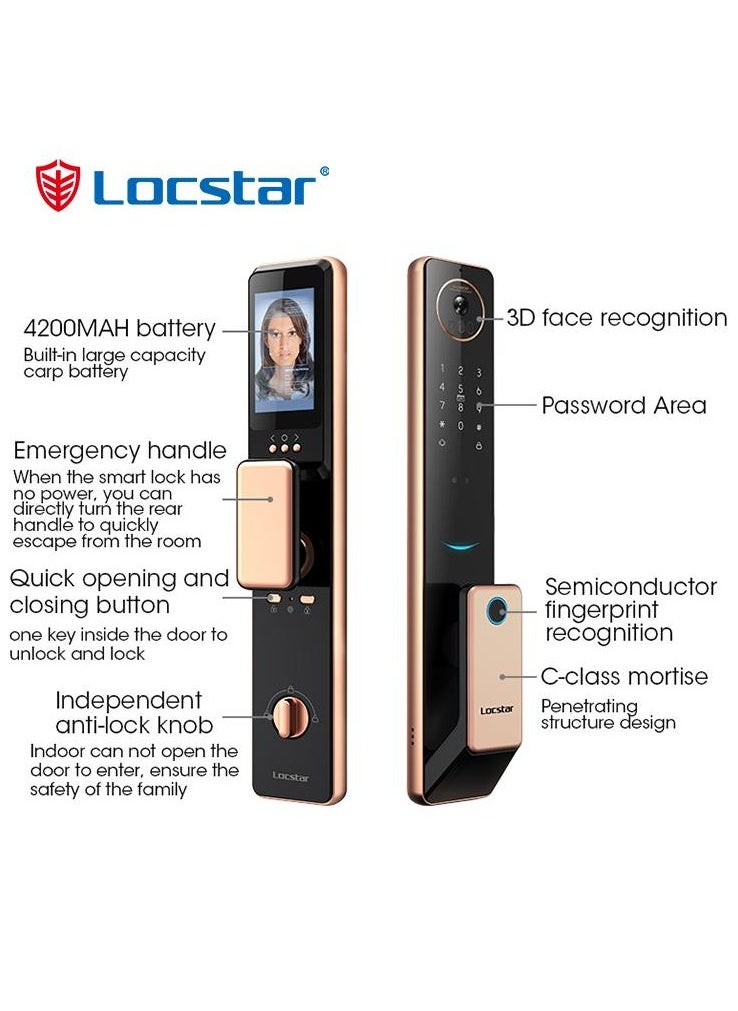 Locstar - S61 3D Face Recognition Smart Door Lock with Video Doorbell, WiFi, Tuya App, Fingerprint, IC Card, Password, and Key Access - Enhanced Security for Home (Brown) - Image 1