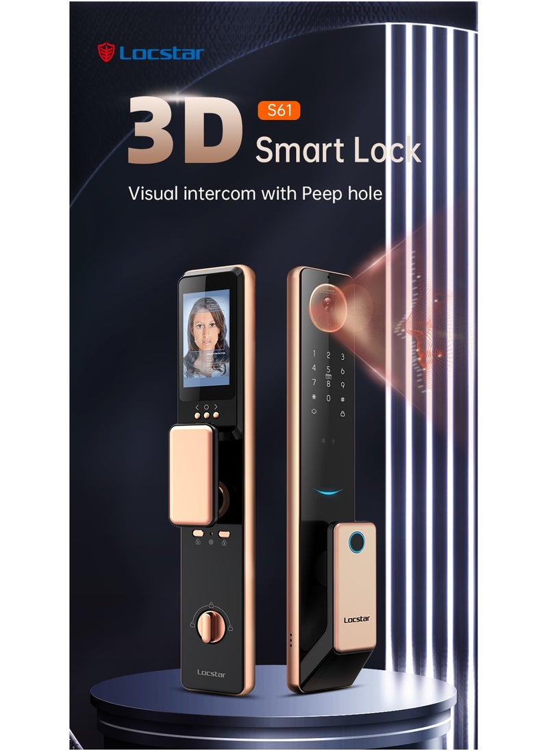 Locstar - S61 3D Face Recognition Smart Door Lock with Video Doorbell, WiFi, Tuya App, Fingerprint, IC Card, Password, and Key Access - Enhanced Security for Home (Brown) - Image 1