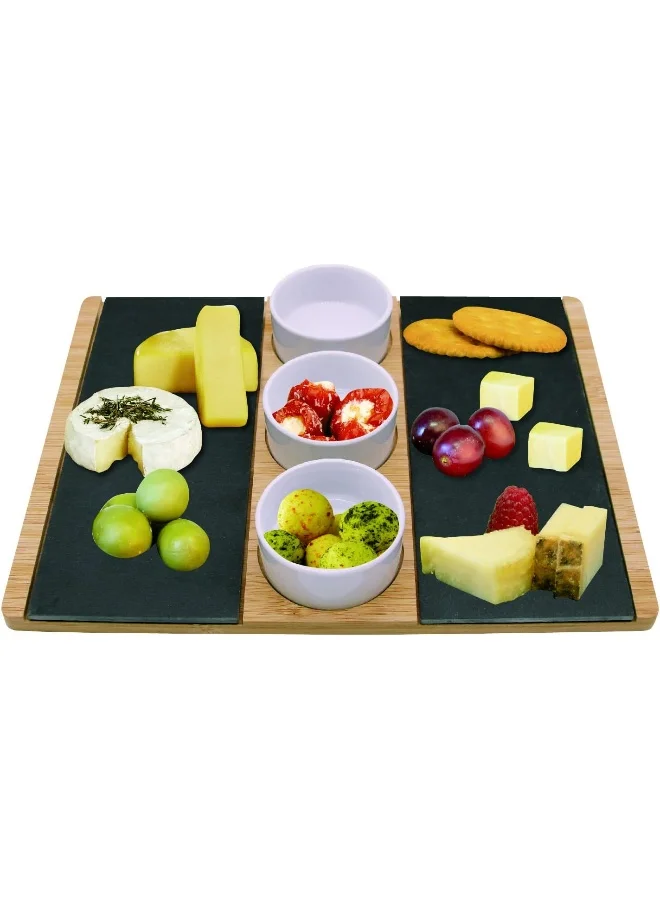 كويزين أرت Cuisine Art Bamboo and Slate Serving Plate & 3 white Ceramic Bowls