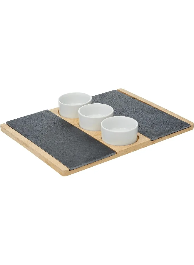 كويزين أرت Cuisine Art Bamboo and Slate Serving Plate & 3 white Ceramic Bowls