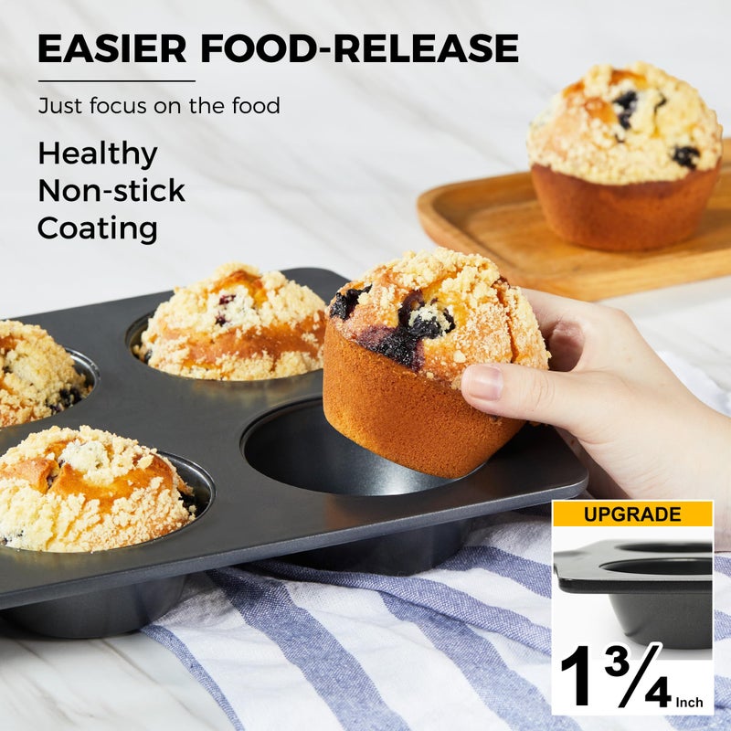 HONGBAKE Nonstick Jumbo Muffin Pan, 2 Pack Large Cupcake Tin for Baking, Cup Cake Tray, 3.5dia, 6 Cup, Premium, Extra Thick, Dishwasher Safe - Image 2