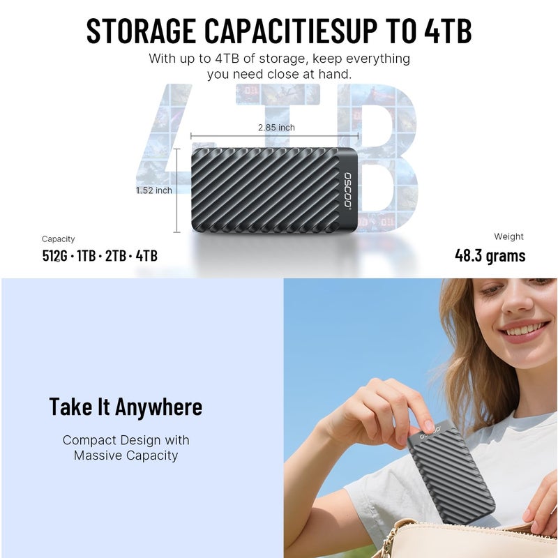 OSCOO قرص صلب خارجي سعة 512 جيجابايت، بسرعة تصل إلى 2100 ميجابايت/ثانية، SSD محمول USB 3.2 الجيل الثاني، قرص صلب خارجي للحواسيب ماك، ويندوز، اللابتوبات، الألعاب، آيفون - مثالي لنسخ الملفات الاحتياطي، صانعي المحتوى ومصوري الفيديو - Image 5