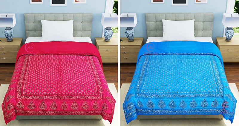 WORLDNEX 400 TC Pure Cotton Jaipuri Design Printed Light Weight Traditional Rajasthani Print Single Bed Quilt/Razai/Rajai (Design 25, Single Bed - Set of 2 Combo Set) - Image 2
