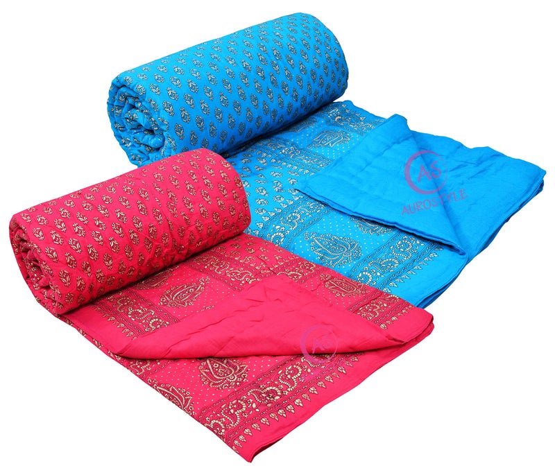 WORLDNEX 400 TC Pure Cotton Jaipuri Design Printed Light Weight Traditional Rajasthani Print Single Bed Quilt/Razai/Rajai (Design 25, Single Bed - Set of 2 Combo Set) - Image 4