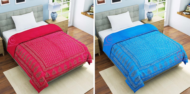 WORLDNEX 400 TC Pure Cotton Jaipuri Design Printed Light Weight Traditional Rajasthani Print Single Bed Quilt/Razai/Rajai (Design 25, Single Bed - Set of 2 Combo Set) - Image 1
