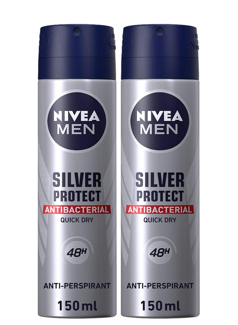 Nivea Silver Protect Antiperspirant For Men Antibacterial Protection Spray Pack Of 2 150ml - Image 1