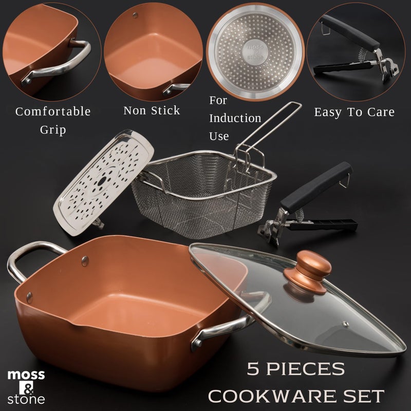 Moss & Stone 5 Pcs Copper Chef Cookware Non Stick Deep Frying Pan, Fry Basket, Steamer Rack, Dishwasher & Oven Safe, 5 Qt Deep Square Pan, Induction Copper Cookware Set - 9.5" x 3.5" - Image 2