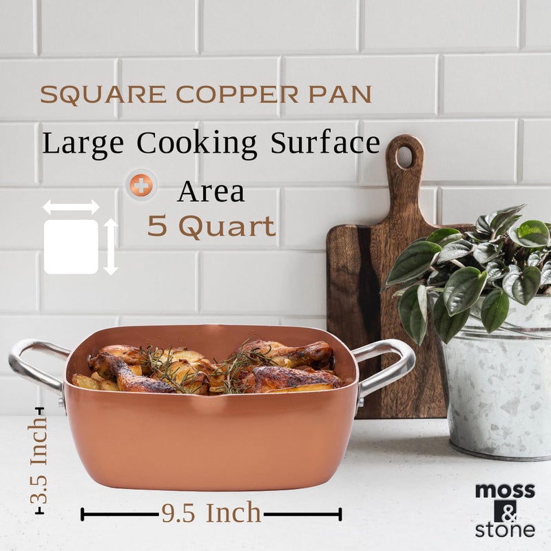 Moss & Stone 5 Pcs Copper Chef Cookware Non Stick Deep Frying Pan, Fry Basket, Steamer Rack, Dishwasher & Oven Safe, 5 Qt Deep Square Pan, Induction Copper Cookware Set - 9.5" x 3.5" - Image 3