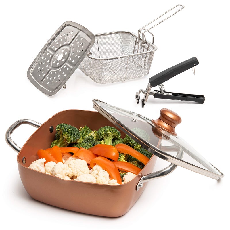 Moss & Stone 5 Pcs Copper Chef Cookware Non Stick Deep Frying Pan, Fry Basket, Steamer Rack, Dishwasher & Oven Safe, 5 Qt Deep Square Pan, Induction Copper Cookware Set - 9.5" x 3.5" - Image 1