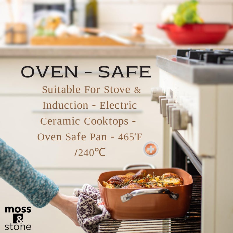 Moss & Stone 5 Pcs Copper Chef Cookware Non Stick Deep Frying Pan, Fry Basket, Steamer Rack, Dishwasher & Oven Safe, 5 Qt Deep Square Pan, Induction Copper Cookware Set - 9.5" x 3.5" - Image 4
