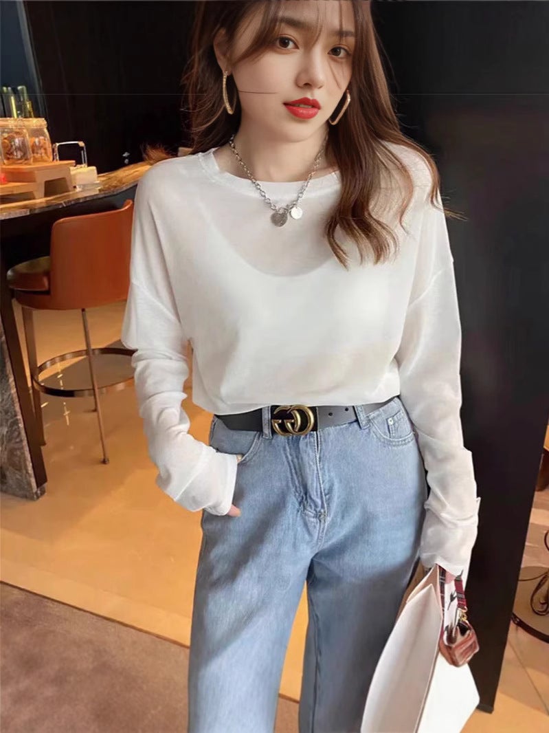 Ice Silk Short-Sleeved T-Shirt For Women Summer Black Bottoming Shirt Slightly See-Through Mesh Top Ultra-Thin Mask Sun Protection - Image 2