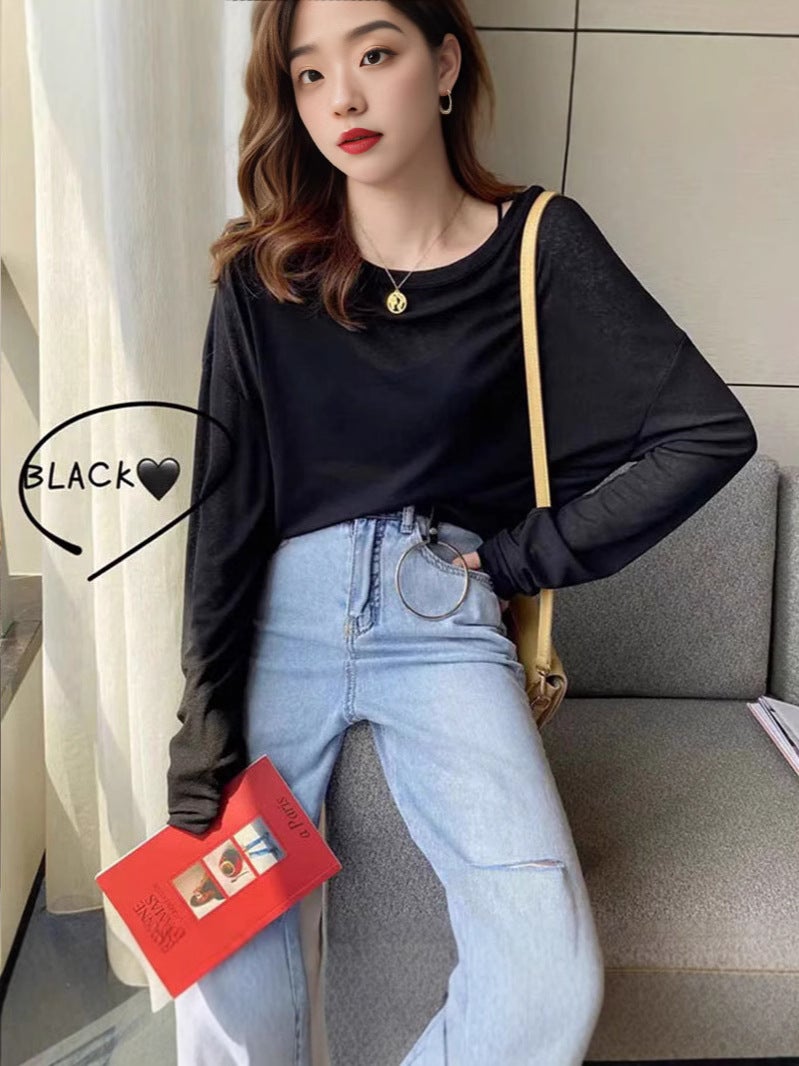 Ice Silk Short-Sleeved T-Shirt For Women Summer Black Bottoming Shirt Slightly See-Through Mesh Top Ultra-Thin Mask Sun Protection - Image 3