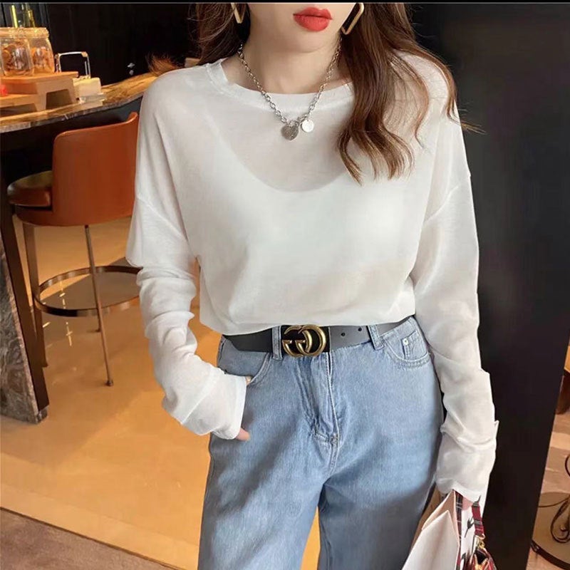 Ice Silk Short-Sleeved T-Shirt For Women Summer Black Bottoming Shirt Slightly See-Through Mesh Top Ultra-Thin Mask Sun Protection - Image 1